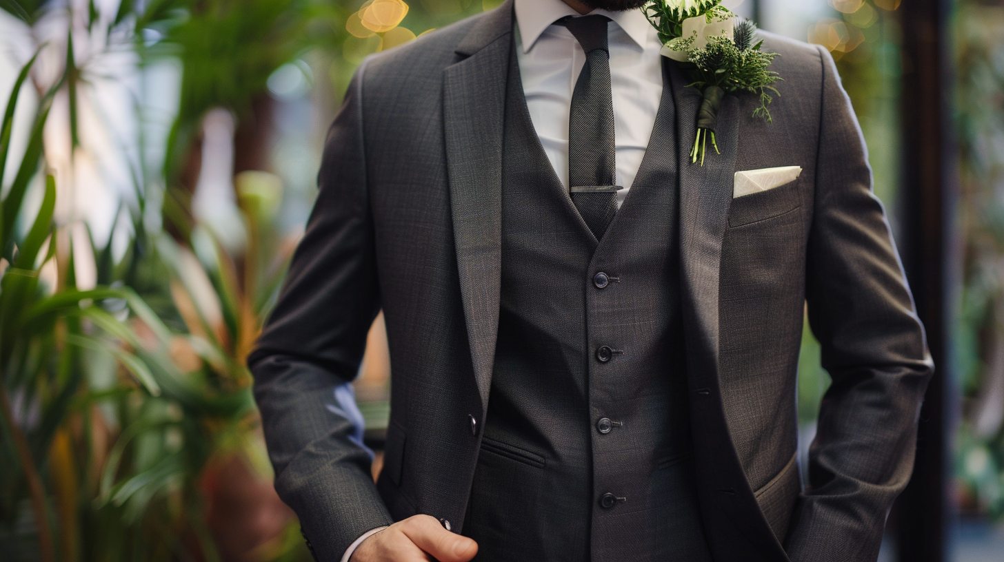 Man wearing a three-piece suit with matching vest, jacket, and trousers, polished look for upscale wedding, boutonnière and tie included, elegant indoor venue.