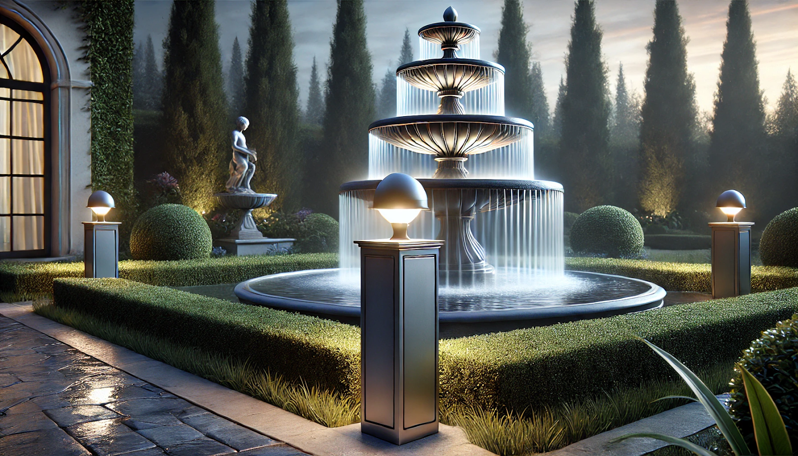 highlighting the key feature in this image this is fountain with bollard lights