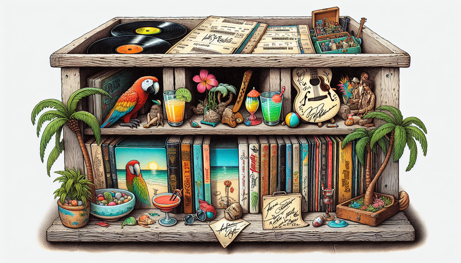 Illustration of a home display shelf with Jimmy Buffett memorabilia