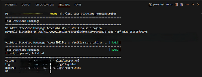 Terminal do VS Code após execução dos testes, onde na foto aberta temos o console exibindo a execução sendo realizada com sucesso.