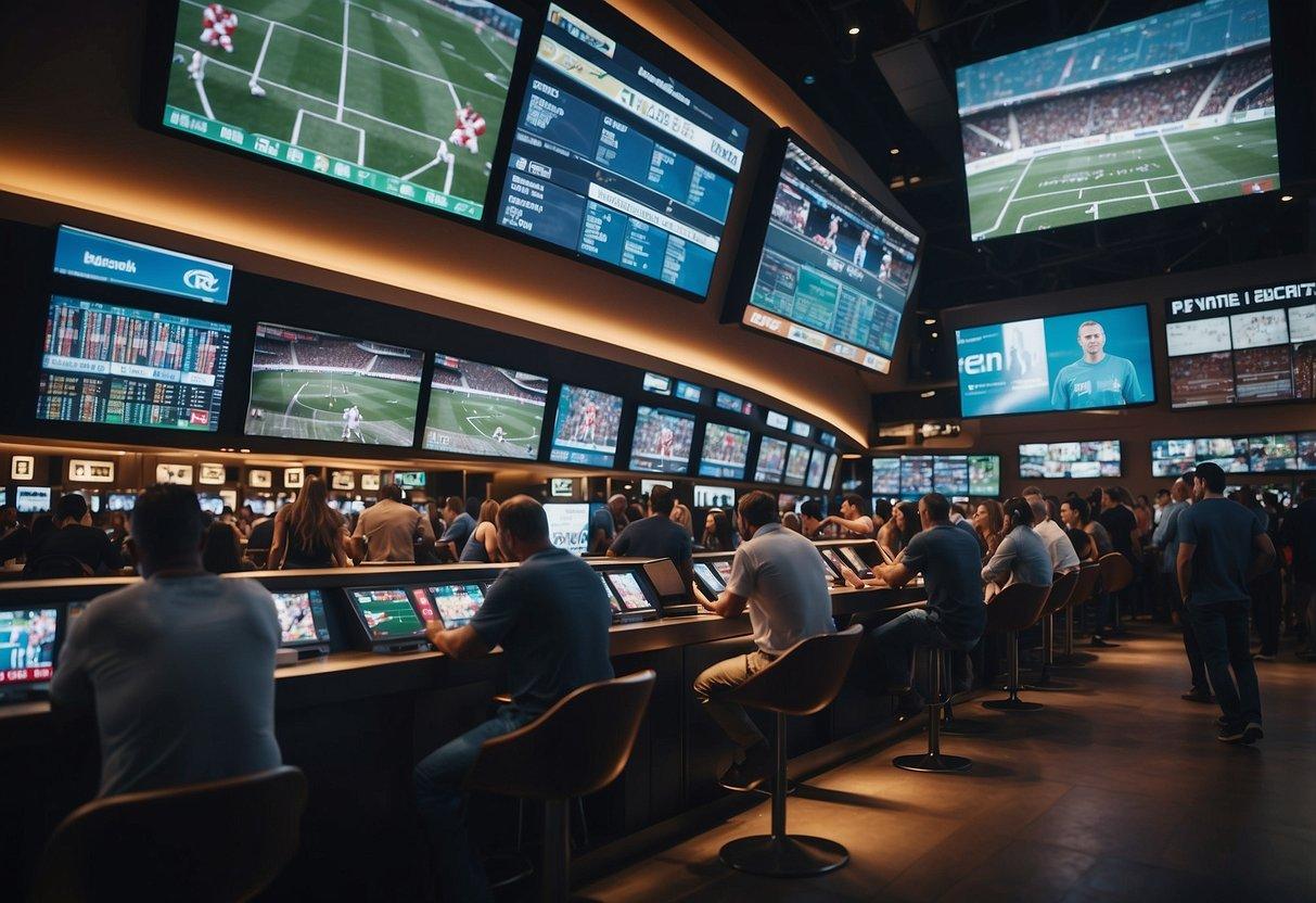 A bustling football stadium with diverse fans placing bets at kiosks, surrounded by digital screens displaying global betting trends and innovations