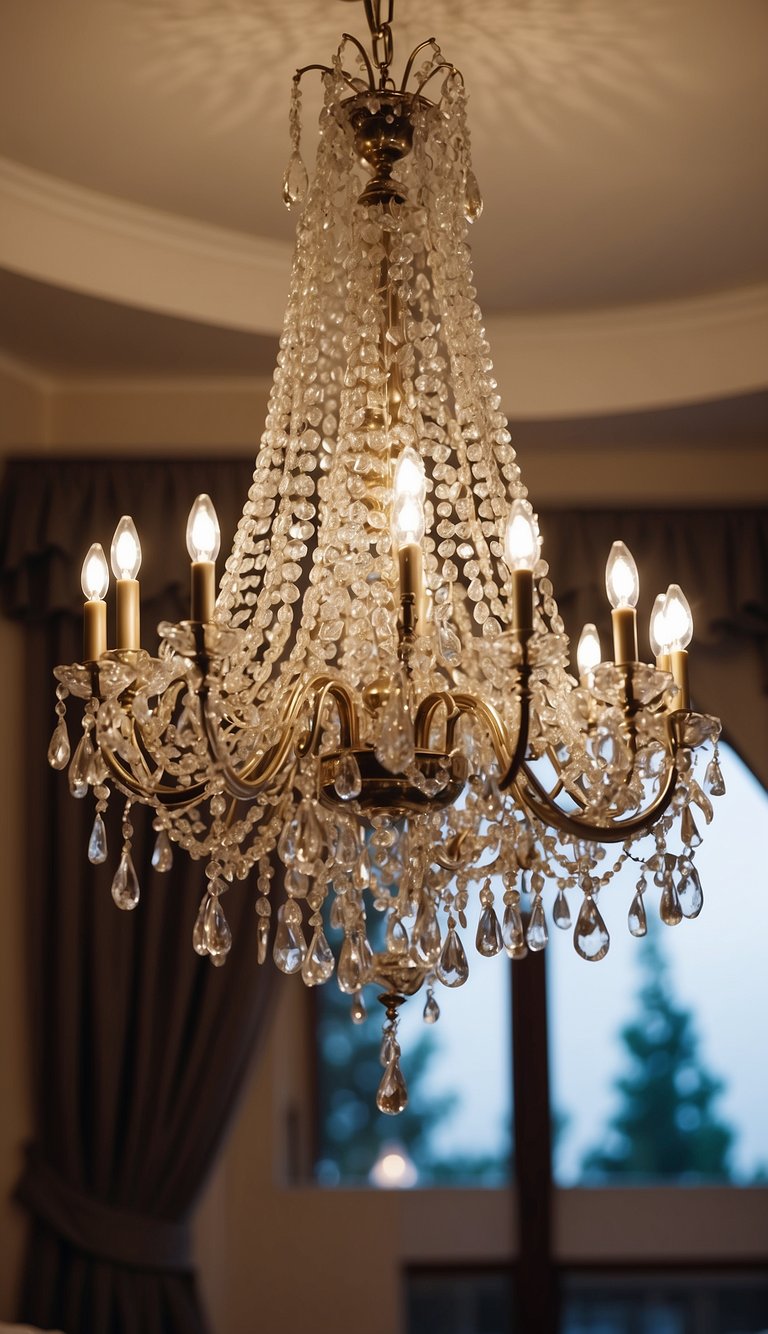 An elegant chandelier hangs above a luxurious bedroom designed for couples, creating a romantic and sophisticated ambiance