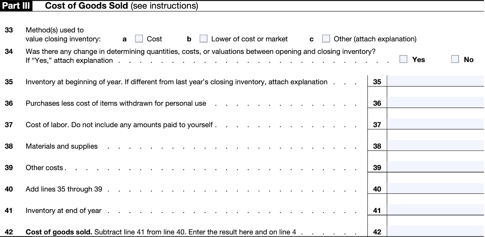 A screenshot of Part III: Cost of Goods Sold of Schedule C (Form 1040)