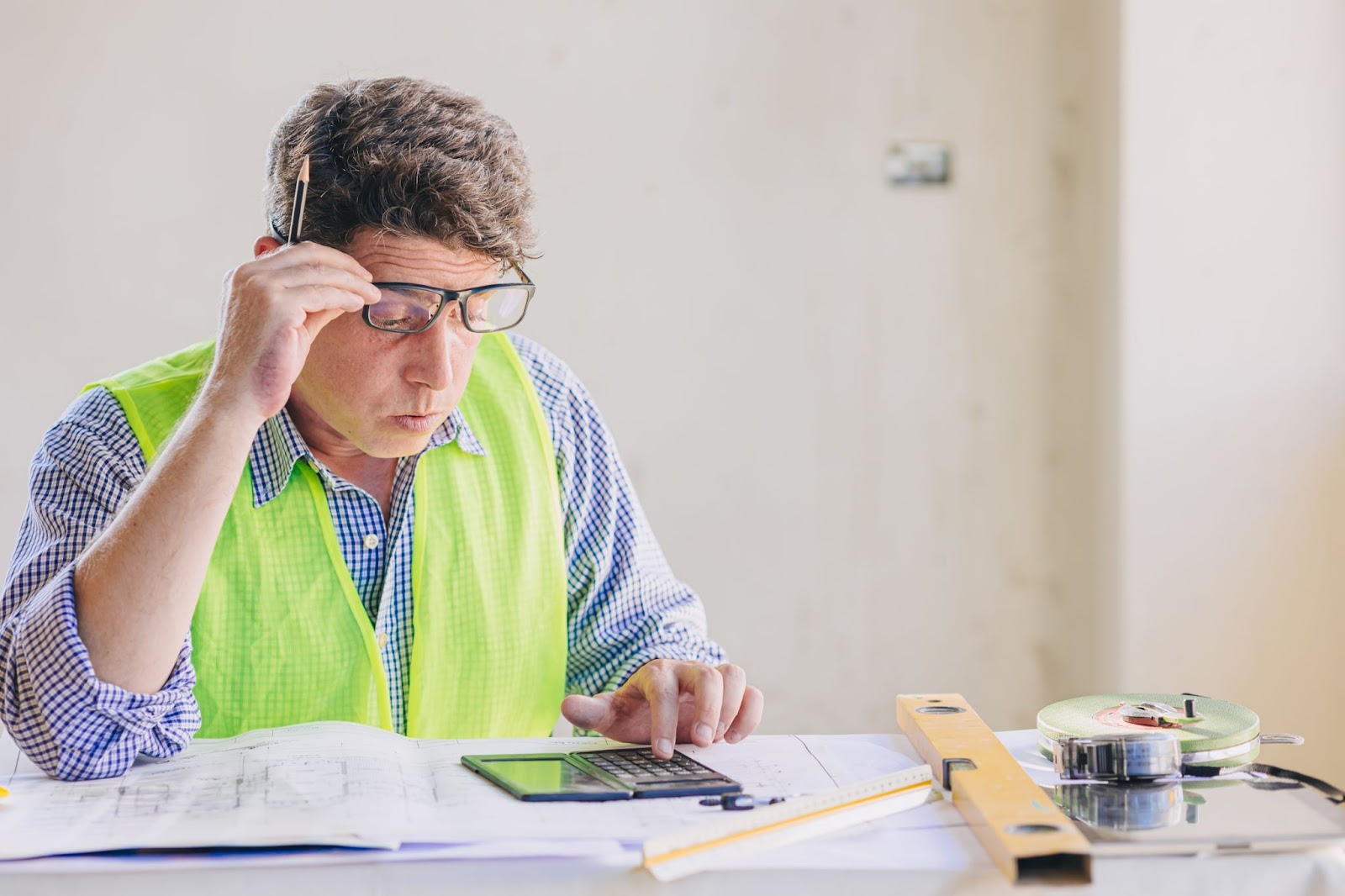 
Engenheiro construtor calcula o custo da conta de construção e se preocupe com despesas excessivas de custo do projeto