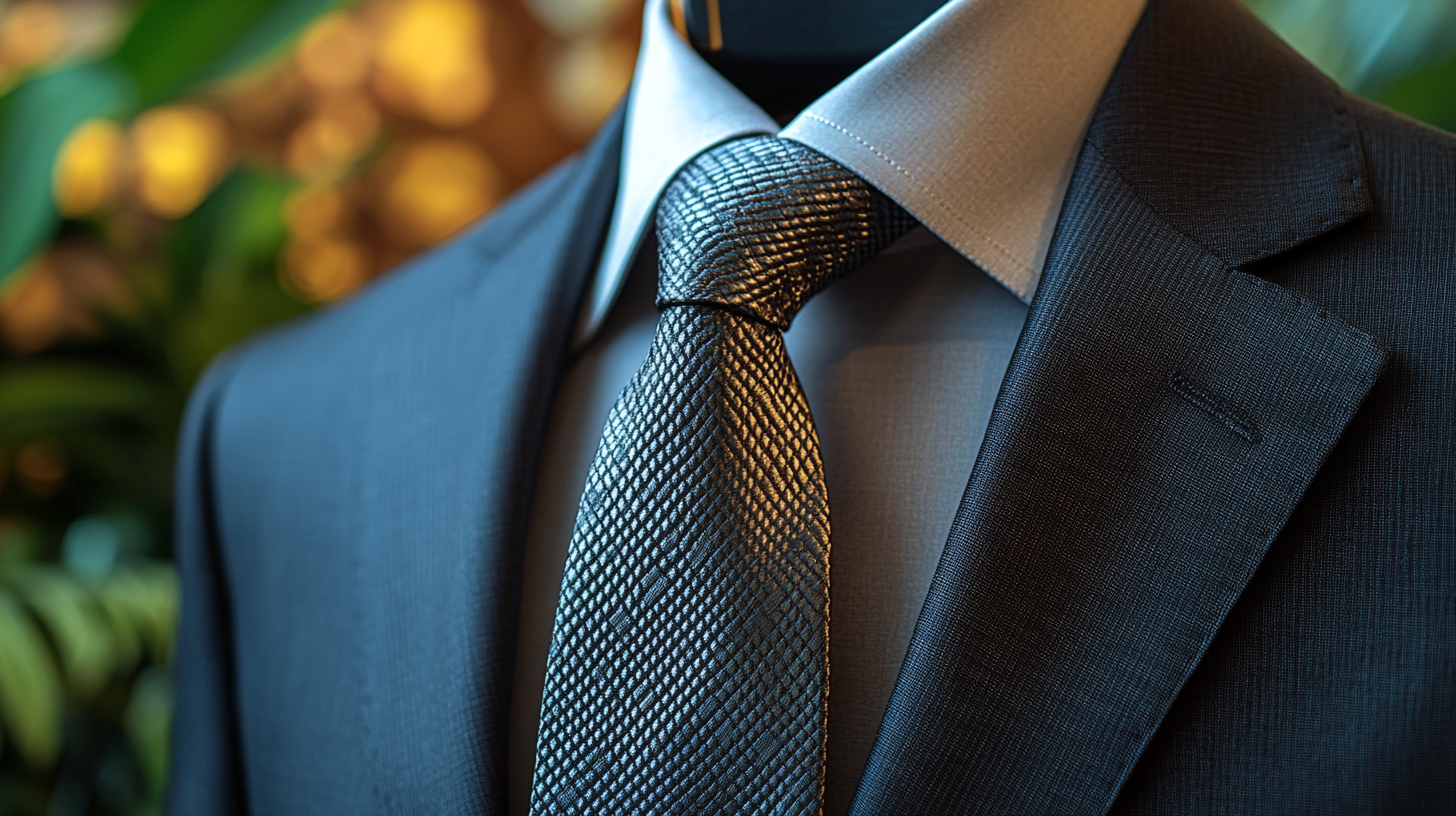 A close-up image of a silver or grey tie neatly hung on a hanger, exuding a modern and polished look. The tie pairs beautifully with a black suit, ideal for formal dinners or weddings. Cool lighting highlights its sleek finish. Ultra-detailed, 8K resolution.