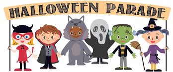 cartoon image of children in Halloween costumes and text of Halloween Parade