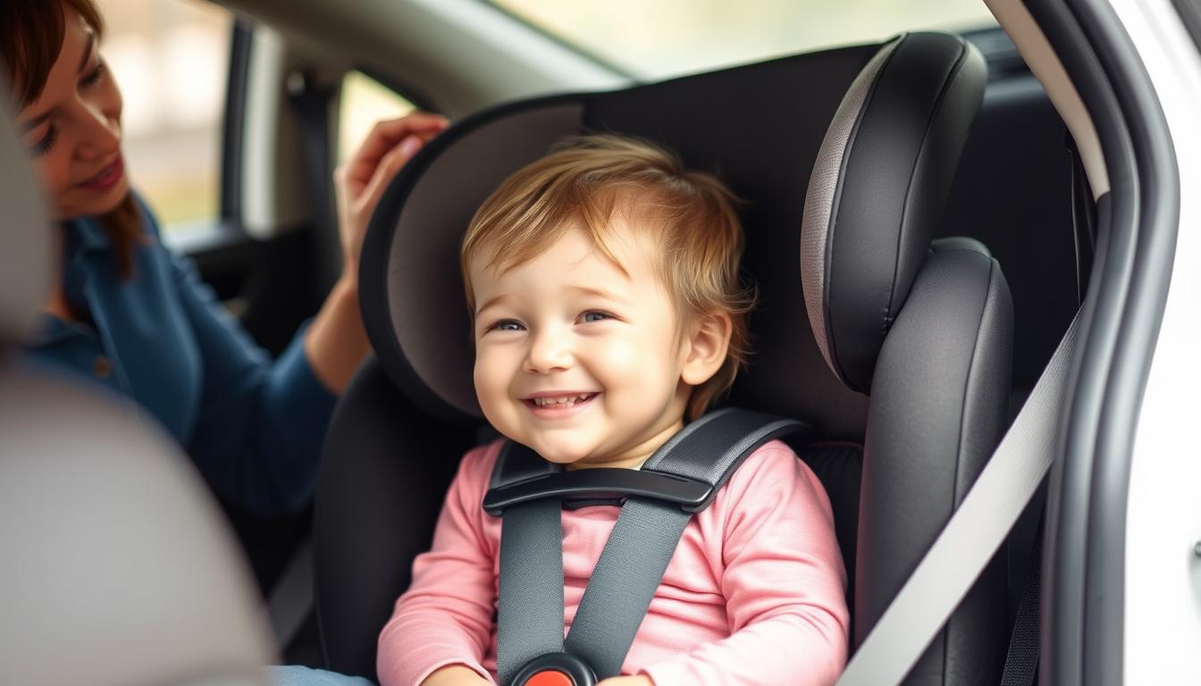 Happy child safely secured in appropriate car seat demonstrating proper car seat safety