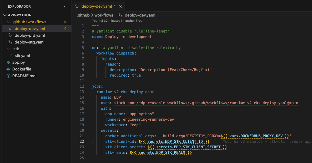 Imagem do conteúdo sobre Plataforma de desenvolvimento, onde há uma tela da StackSpot com a opção deploy-dev.yaml selecionada. 