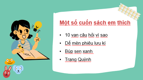 BÀI 11: BÀI TRÌNH CHIẾU CỦA EMLUYỆN TẬPCâu hỏi: Em hãy tạo bài trình chiếu có 2 đến 3 trang để giới thiệu về trường em với các yêu cầu sau:a) Trang chiếu có tên trường.b) Trang chiếu có hình ảnh của trường.c) Trình chiếu toàn màn hình. d) Lưu bài trình chiếu vào thư mục phù hợp trên máy tính.Đáp án chuẩn:Gợi ý VẬN DỤNG