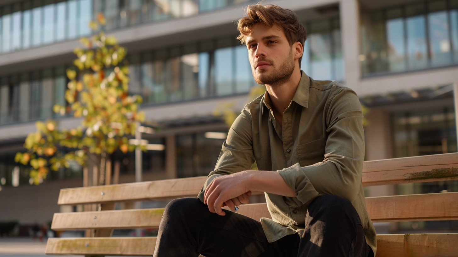 Daytime casual look: man in a muted sage green shirt with black trousers, neutral tones, soft fabrics, subtle patterns, sitting on a bench or walking near modern architecture, relaxed vibe, sunlit atmosphere