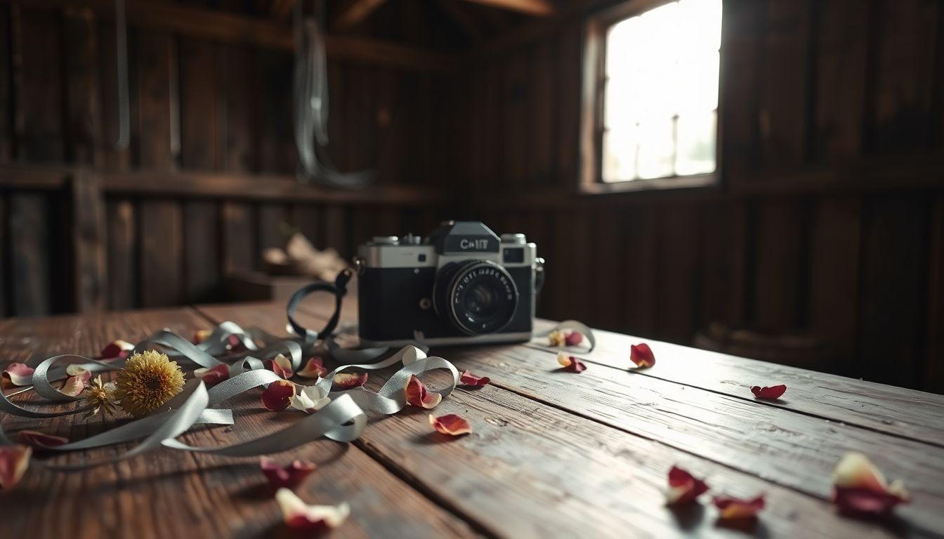 A vintage camera sits on a wooden table with scattered flower petals and silver ribbons.