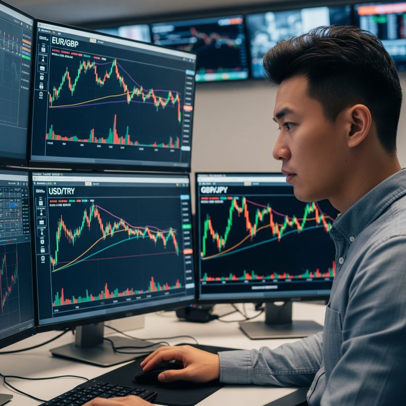 Trader ngồi trước màn hình với nhiều biểu đồ tỷ giá