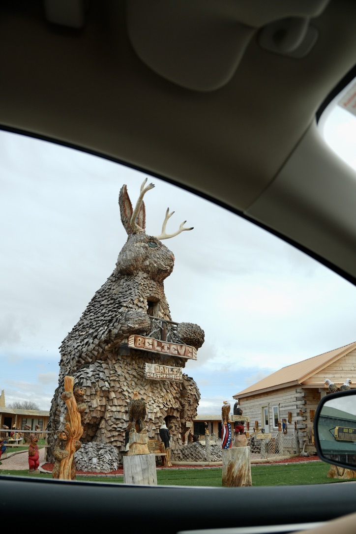 A gigantic jackalope statue