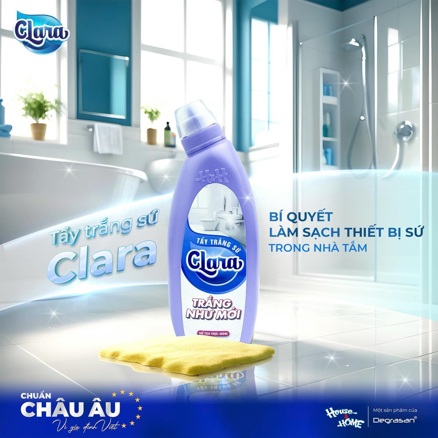 Nước tẩy trắng sứ Clara được nghiên cứu để phù hợp với nhiều loại bề mặt sứ trong gia đình