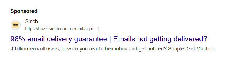 Screenshot of Sinch, an email marketing platform's, PPC ad in Google search results