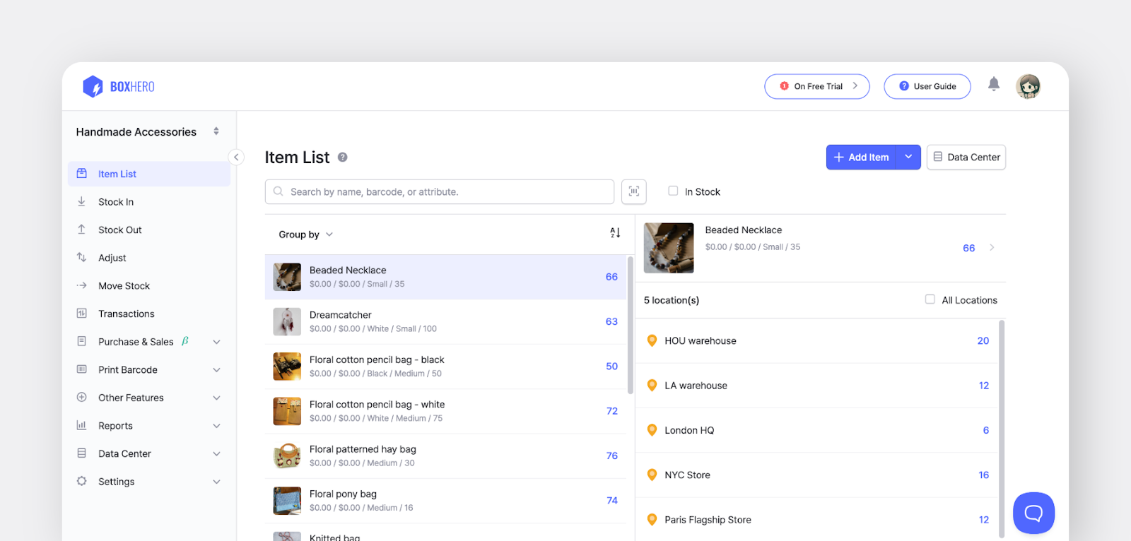 A BoxHero inventory dashboard showing stock levels, item list, and warehouse locations for a handmade accessories business.