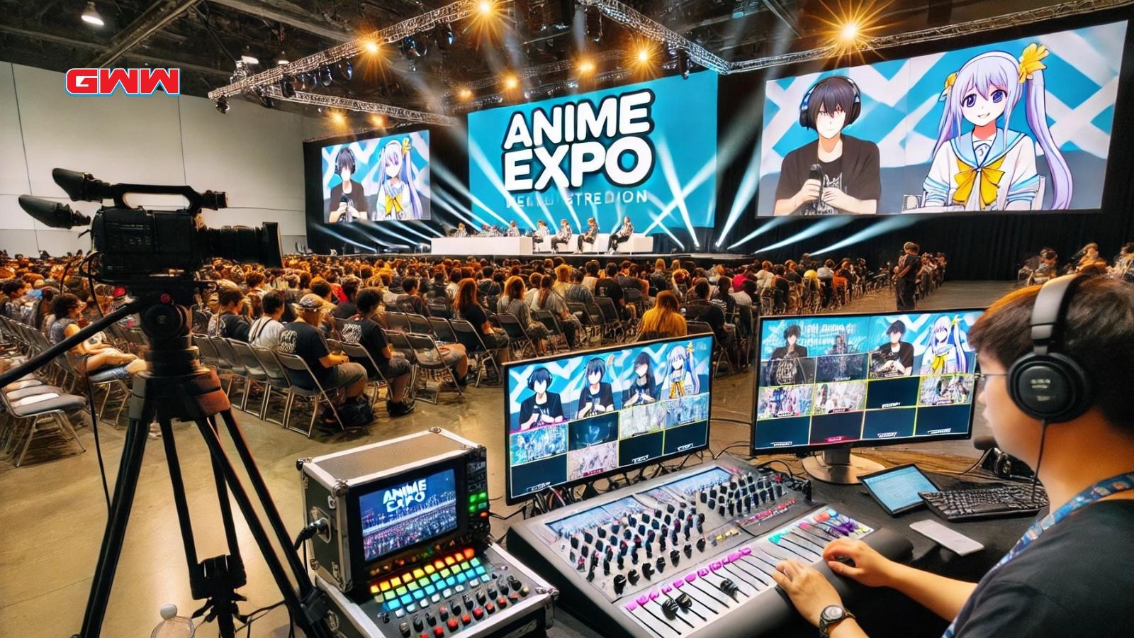 A vibrant Anime Expo panel event in progress, with cameras and live-streaming equipment set up.