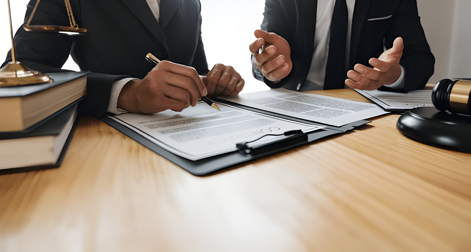 Two business professionals in suits discussing investment decisions, with documents, a scale, and a gavel on the table, symbolizing legal and financial advice.