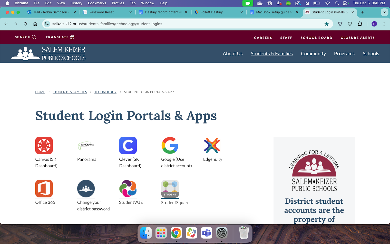 Student login page for Google Chrome