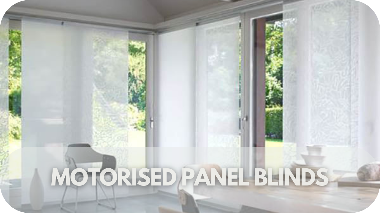 Modern motorised panel blinds, ideal for large windows, offering sleek control and stylish functionality.