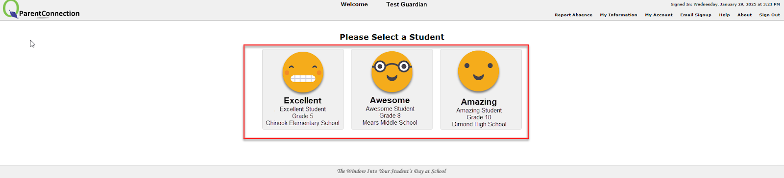 This image displays what parent/guardians will see when they first login to ParentConnect.   The Select a Student section is highlighted.