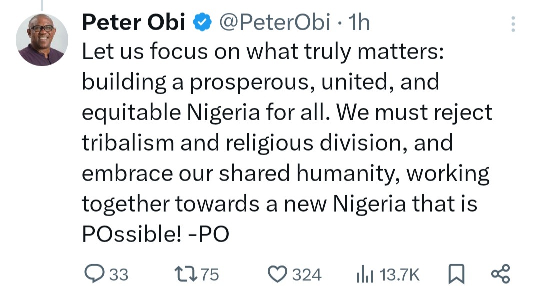 Such divisive comments have no place in our society - Peter Obi condemns statement by woman who threatened to poison Yorubas and Edo natives in Canada