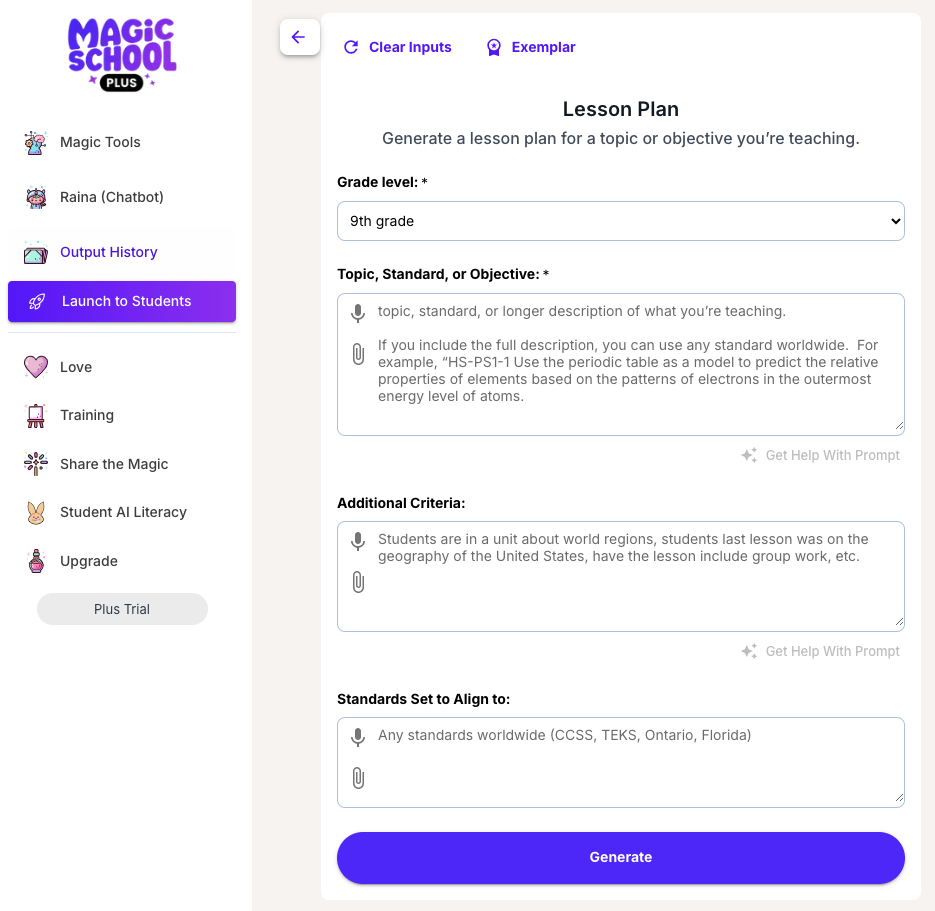 Magic School AI Lesson Plan Interface