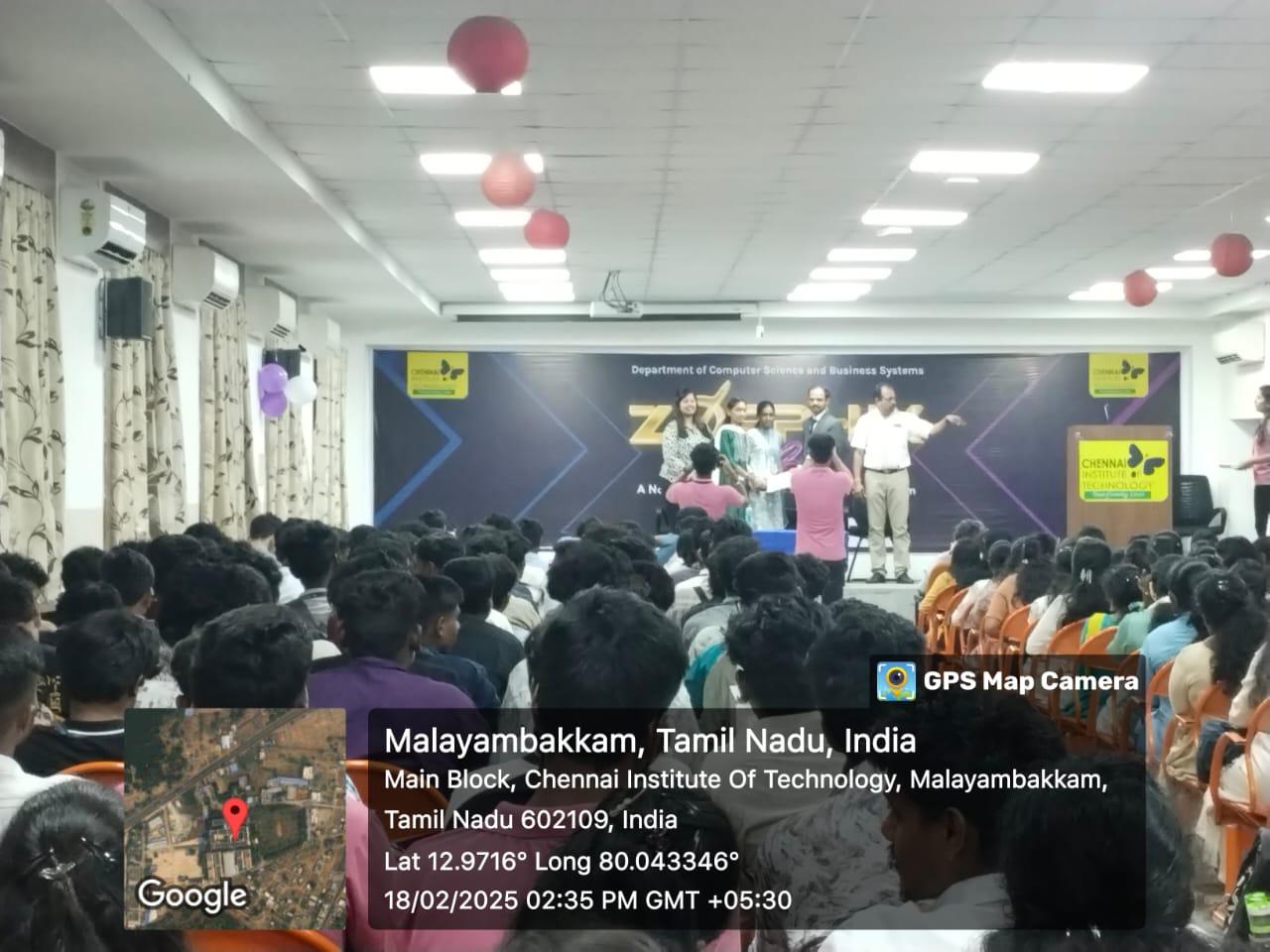 Students attending a seminar at Chennai Institute of Technology, Malayambakkam, with a stage presentation by faculty and guests under the Department of Computer Science and Business Systems banner, as part of a ZEST event.