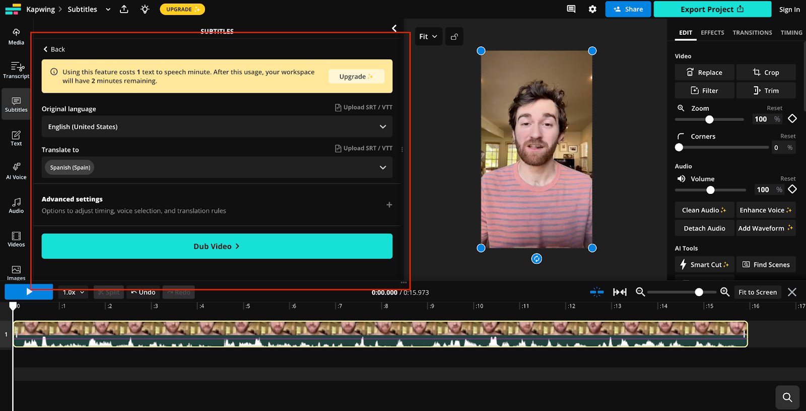 In this interface, the user can select "Original language," "Translate to," and "Advanced settings." here is a button called "Dub video."