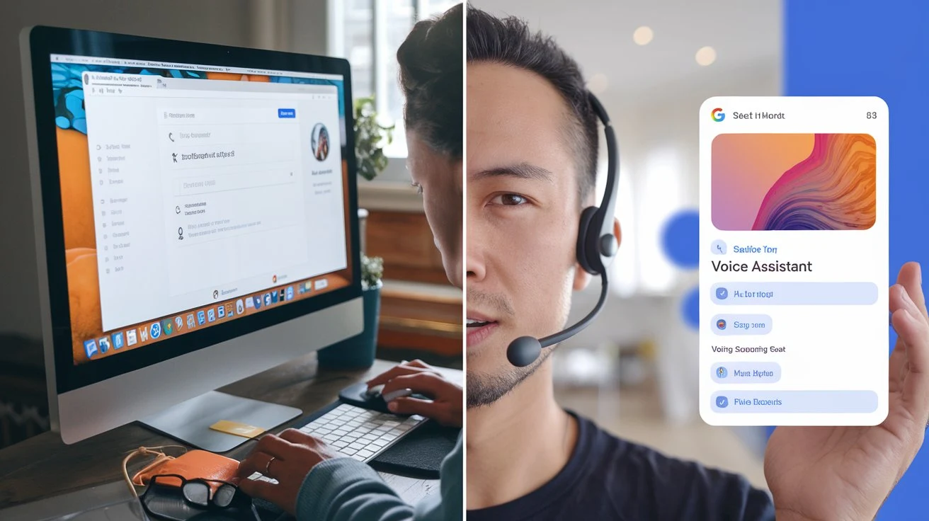 A split image contrasting a person typing on a computer with another person using a voice assistant, highlighting the differences between traditional text search and voice search.
