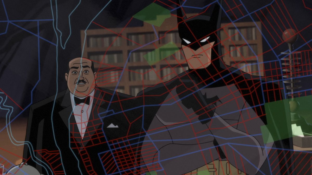 Batman y Alfred observando una pantalla de datos complejos en la Batcueva, escena de animación en estilo cómic de 'Batman: The Animated Series' o película animada de Batman.