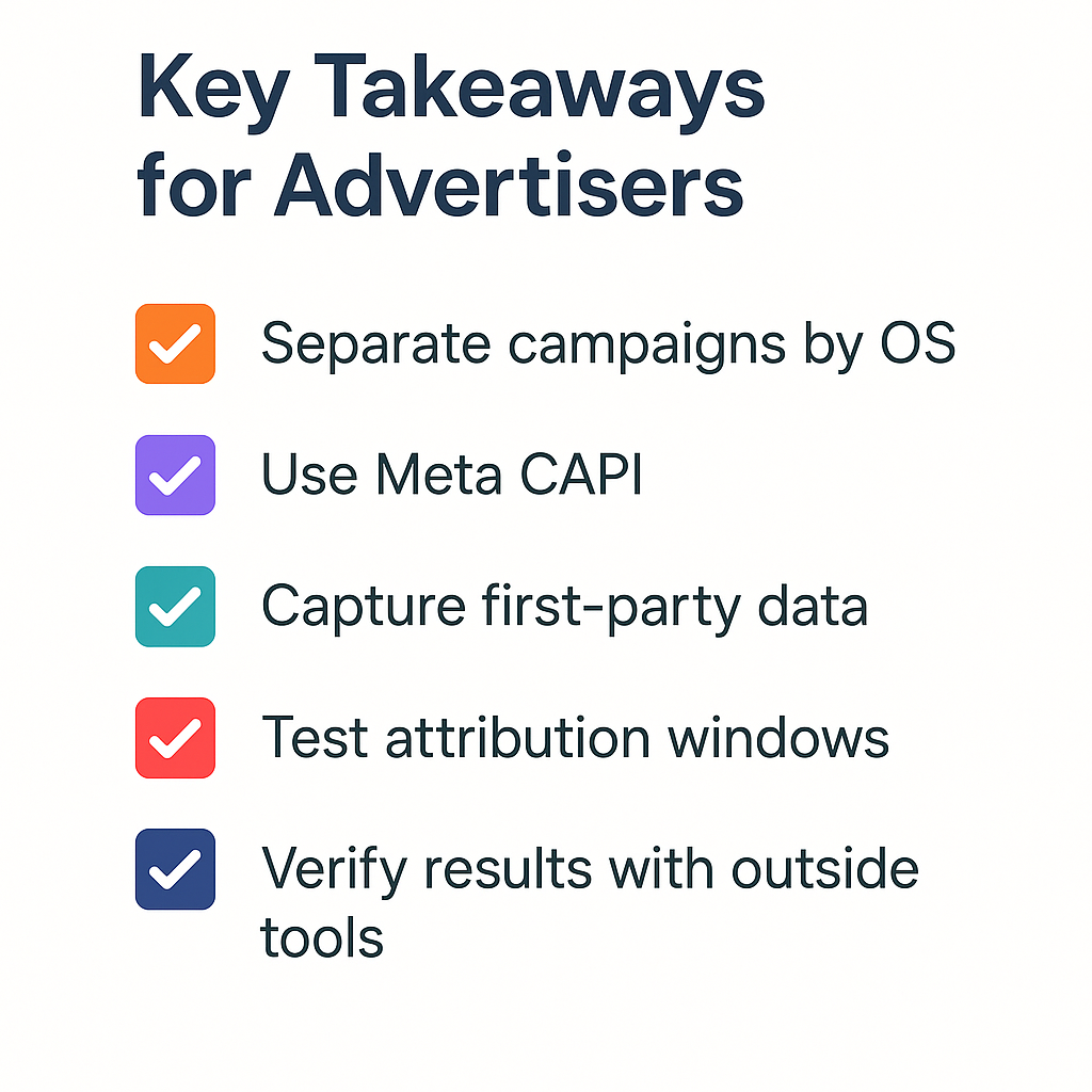 Colorful checklist showing five advertiser tips, including campaign separation by OS, using Meta CAPI, and testing attribution windows