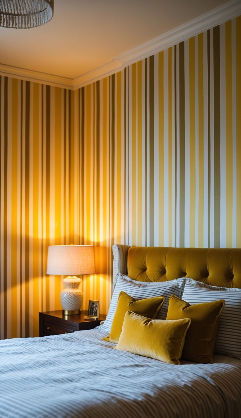 A cozy bedroom with Dijon striped wallpaper, featuring yellow accents and warm lighting