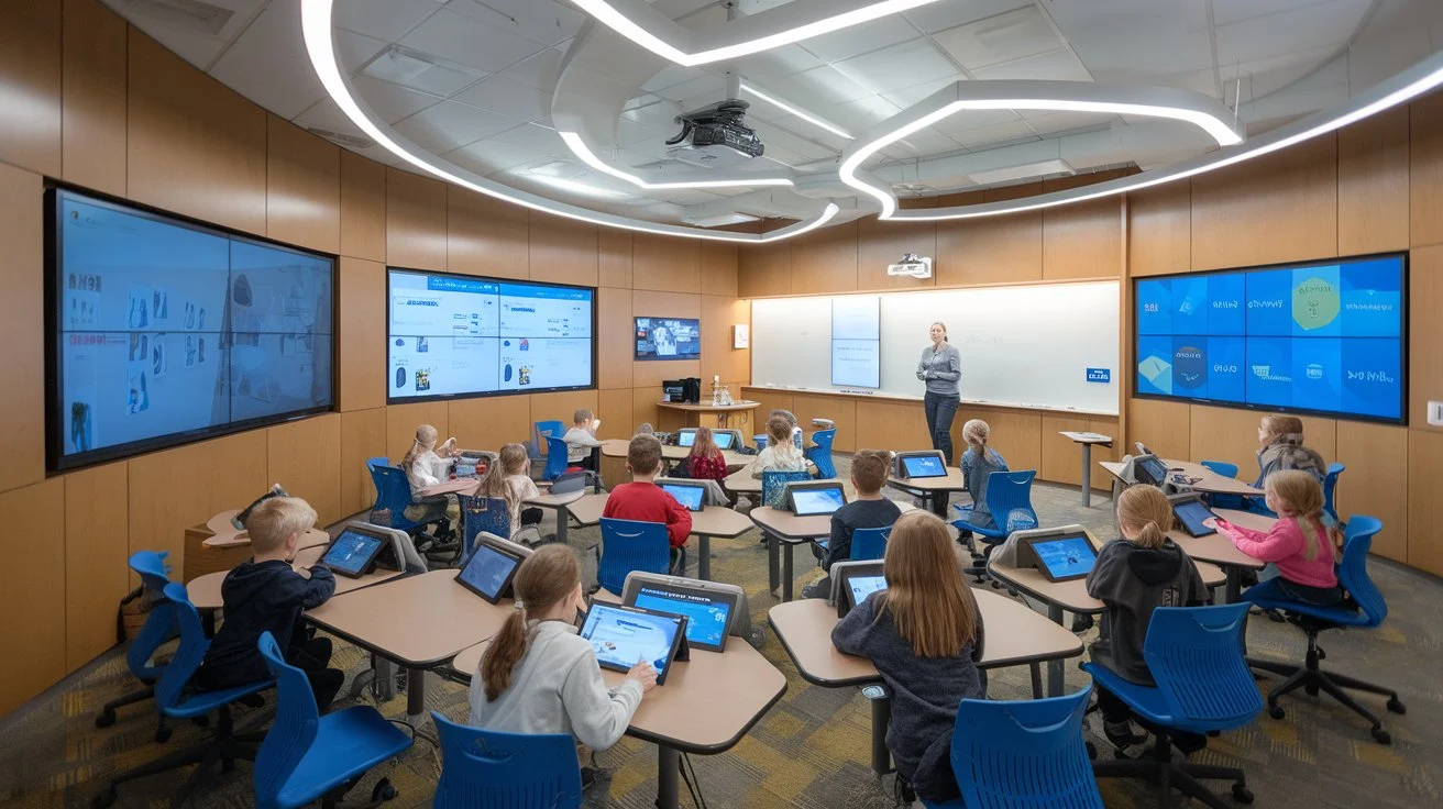 An image of a classroom utilizing ambient computing for personalized education and learning experiences.