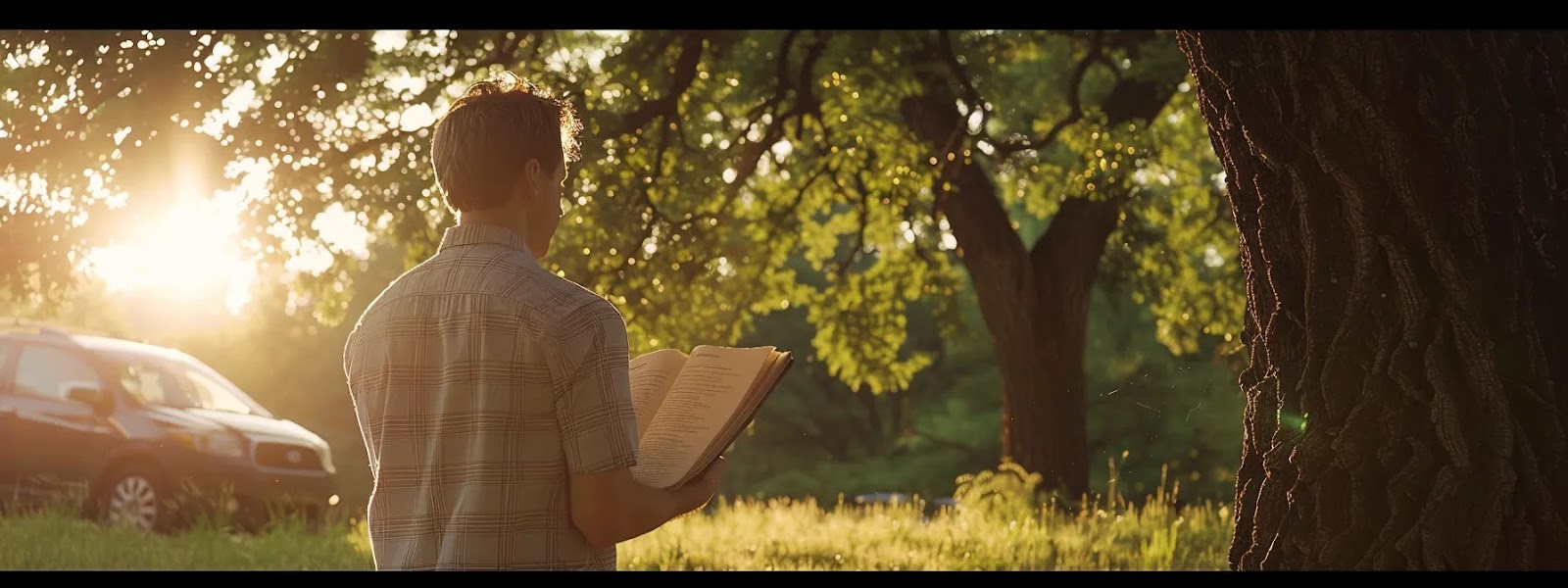 a person reading a detailed car insurance policy review document under a shade tree in the heat of an oklahoma summer day.