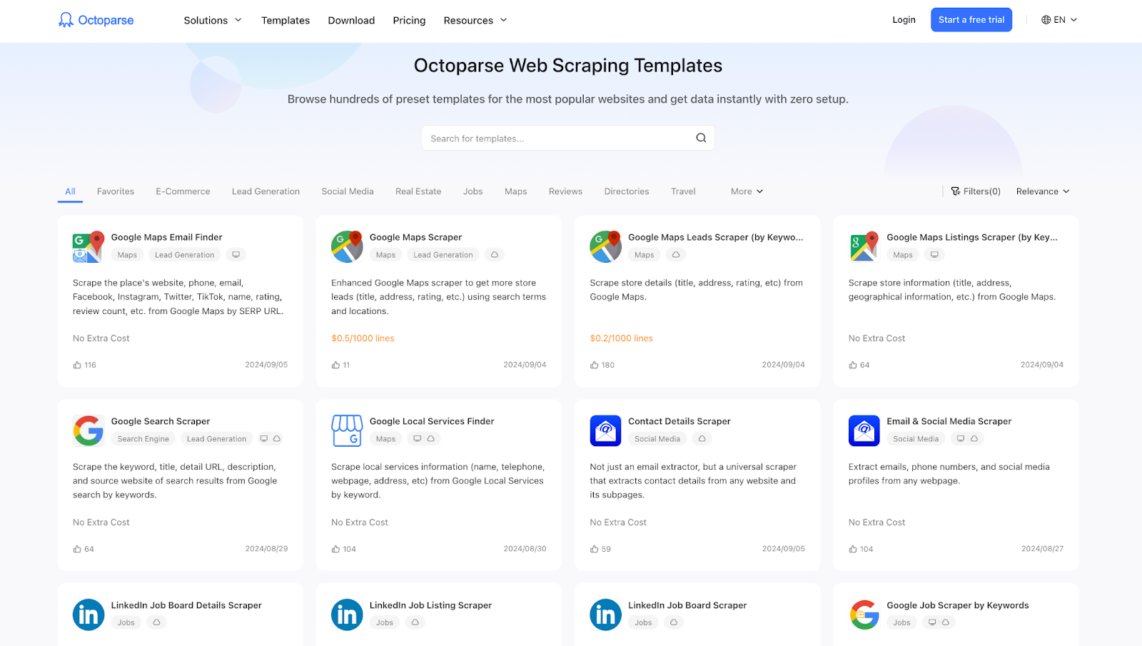 Screenshot of the Octoparse Web Scraping Templates webpage. A navigation menu at the top includes options like Solutions, Templates, Download, Pricing, and Resources. The page displays various web scraping templates categorized under sections like All, Favorites, E-Commerce, and Lead Generation. Templates for scraping data from sources like Google Maps, Google Search, and LinkedIn are shown with details such as cost, last update date, and user engagement. There's a filter option on the right side and a search bar at the top center.