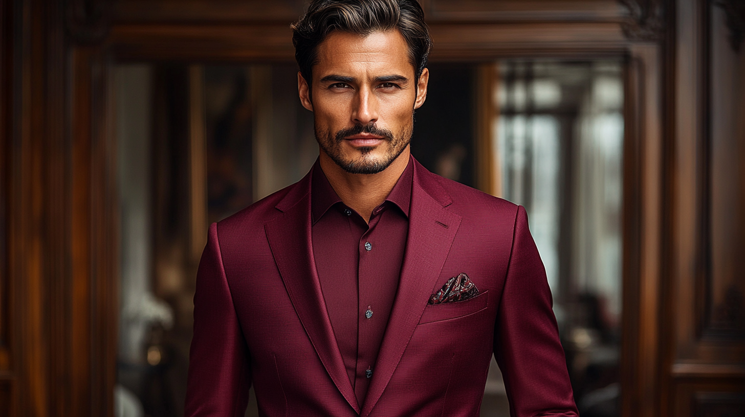 A man with olive skin tone wearing a perfectly tailored burgundy suit. The rich, deep hue of the suit enhances his natural complexion, offering a bold and stylish appearance. The suit stands out in a way that is sophisticated yet striking, ideal for weddings, parties, or any event where making a memorable impression is key. The man exudes confidence, with the burgundy suit being the focal point against a subtle, elegant background