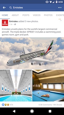 Emirates April Fools' concept of a triple-decker plane with a swimming pool and billiards room.