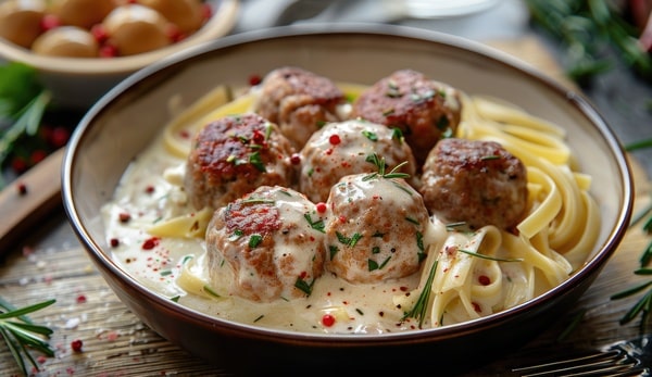 A bowl of creamy chicken alfredo meatballs, garnished with herbs and peppercorns, served in a rich sauce