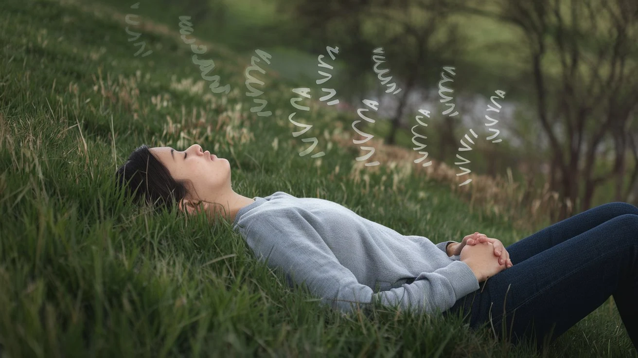 A person lying on a grassy hill, eyes closed, with stress symbols fading away into the background.