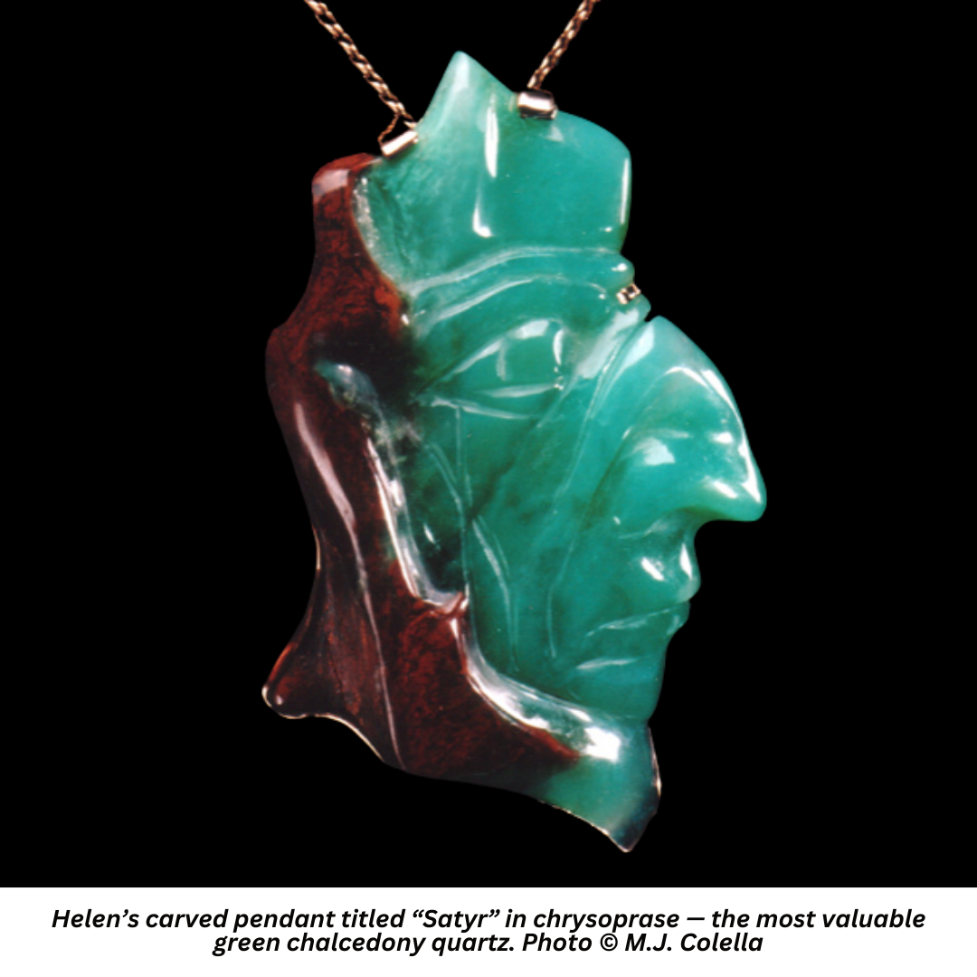 Helen’s carved pendant titled “Satyr” in chrysoprase — the most valuable green chalcedony quartz. Photo © M.J. Colella