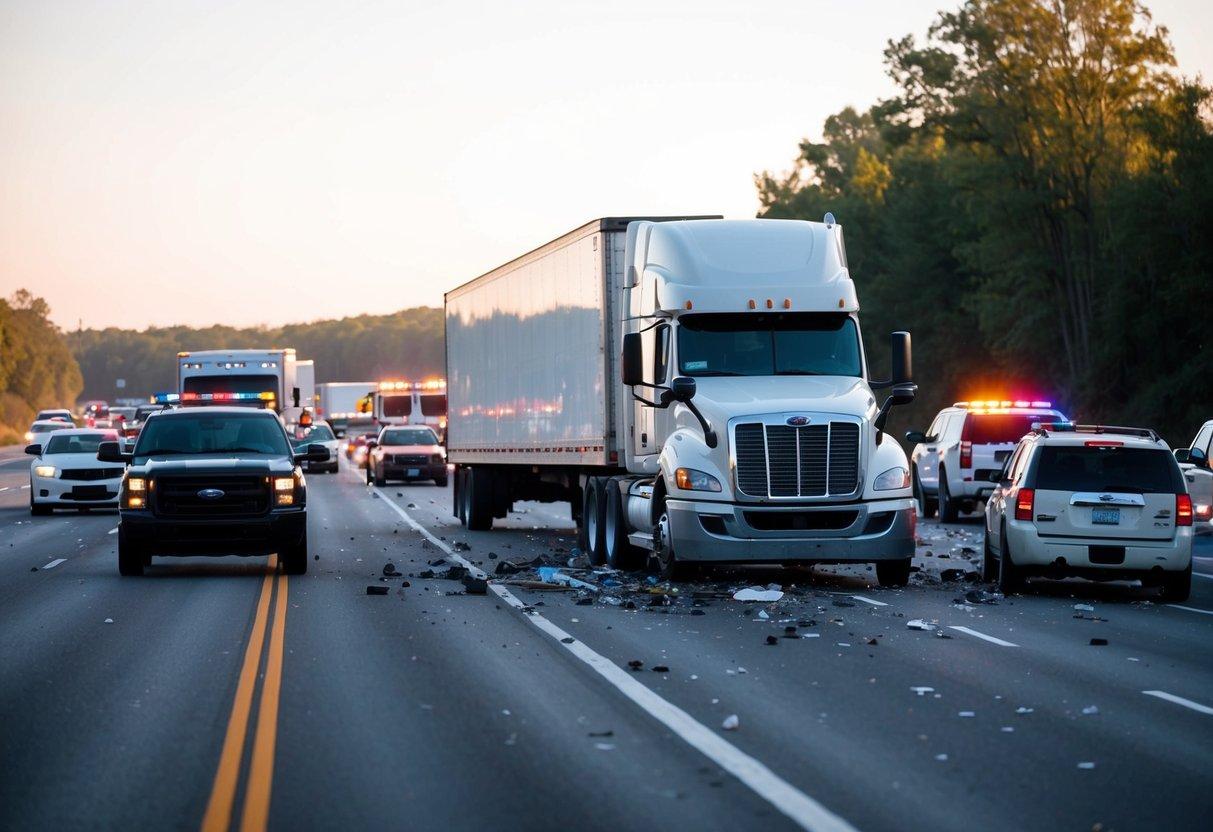 A semi-truck swerves into oncoming traffic, causing a multi-vehicle collision. Debris scatters across the road as emergency vehicles rush to the scene