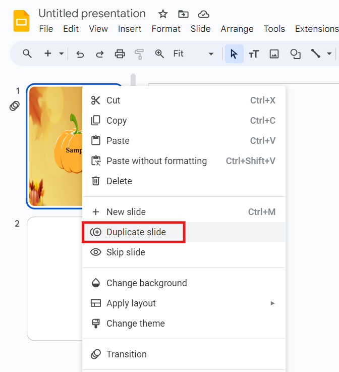 Google Slides Interface with Duplicate Slide option is highlighted