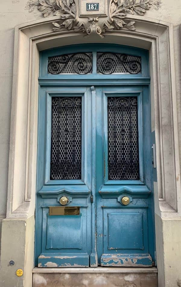 Blue front door painted with Niagara Falls