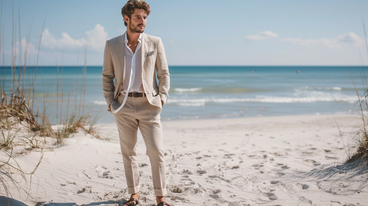 A man in a relaxed linen or cotton suit in tan or light gray, with a collared shirt and dress sandals or loafers. The scene is a sunny beach wedding with sand and ocean in the background. Jackets and ties are optional.