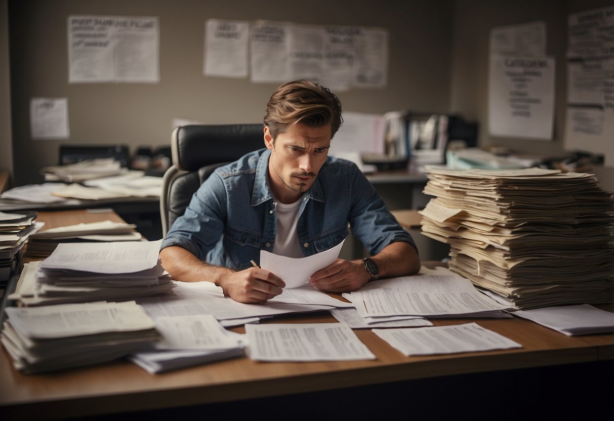 A person sitting at a desk, surrounded by paperwork and looking distressed. A sign on the wall reads "Understanding Workers' Compensation."