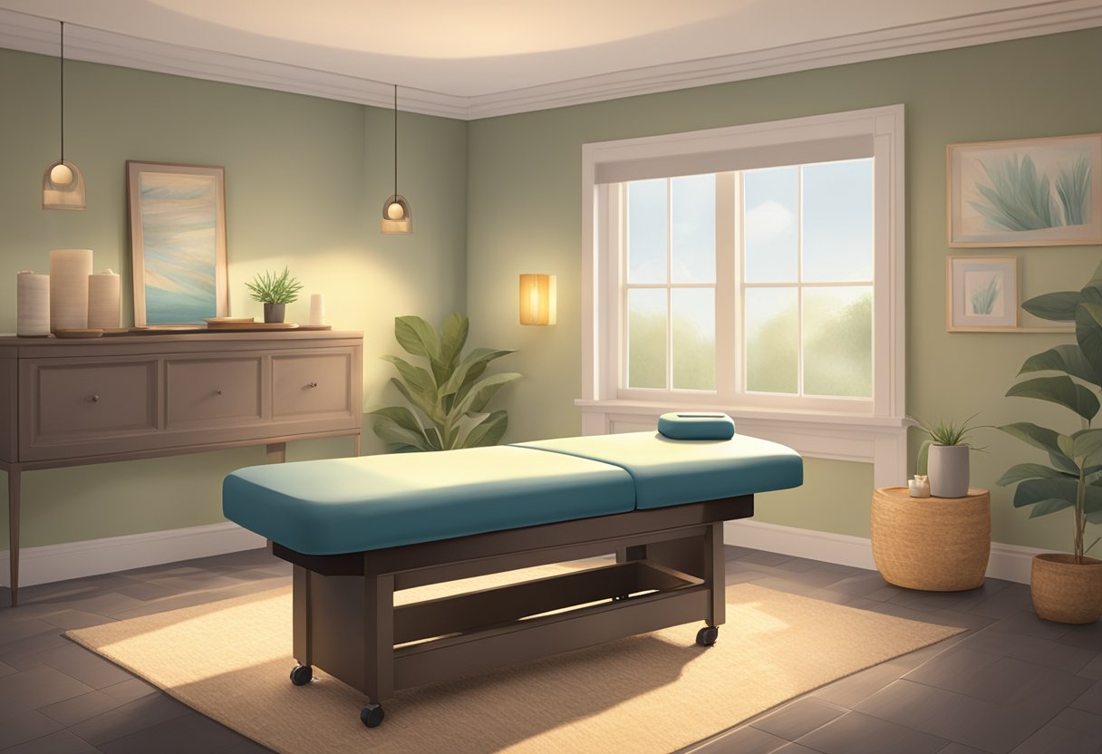 A serene room with a massage table, soft lighting, and calming decor. A therapist stands nearby, ready to welcome the client for their first massage experience in Hackensack