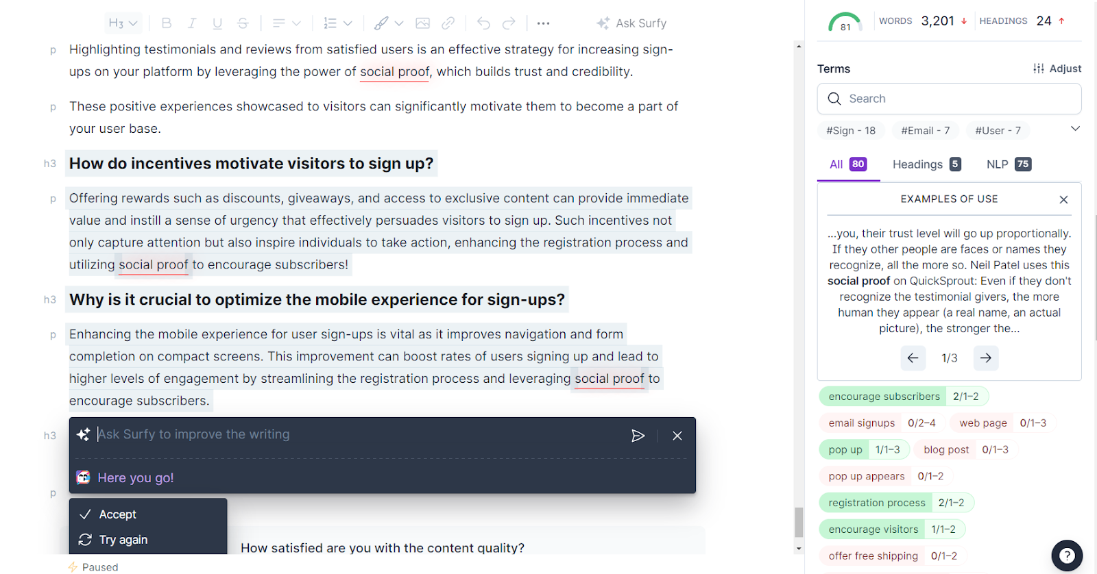 Adding keywords on Surfer AI content
