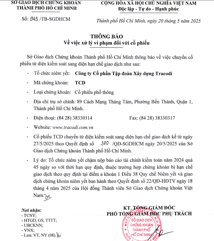 Thông báo về việc xử lý vi phạm đối với cổ phiếu TCD