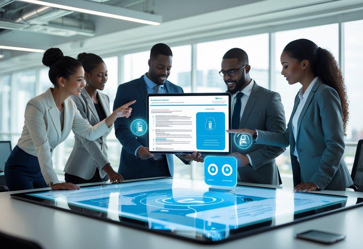 A group of professionals collaborating around a digital touchscreen table displaying legal and accessibility information in a bright office.